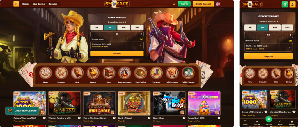 smokace casino desktop screenshot